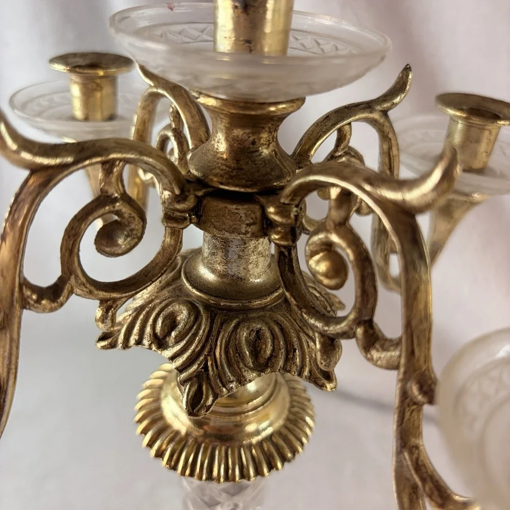 Vtg 50s Dilly Mfg Co 5-Arm Candelabra Hollywood Regency Brass Crystal Marble USA